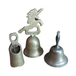 Lot of 3 Vintage Miniature 2"-3 1/4" Brass Bells, 1 Etched, 1 Unicorn, 1 School